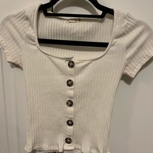 White Crop Top Buttons Scoop Neck
